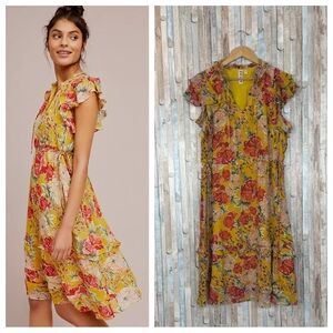 Anthropologie L Boho Floral Printed 100% Silk Ruffle Flutter Sleeve Ellory Dress